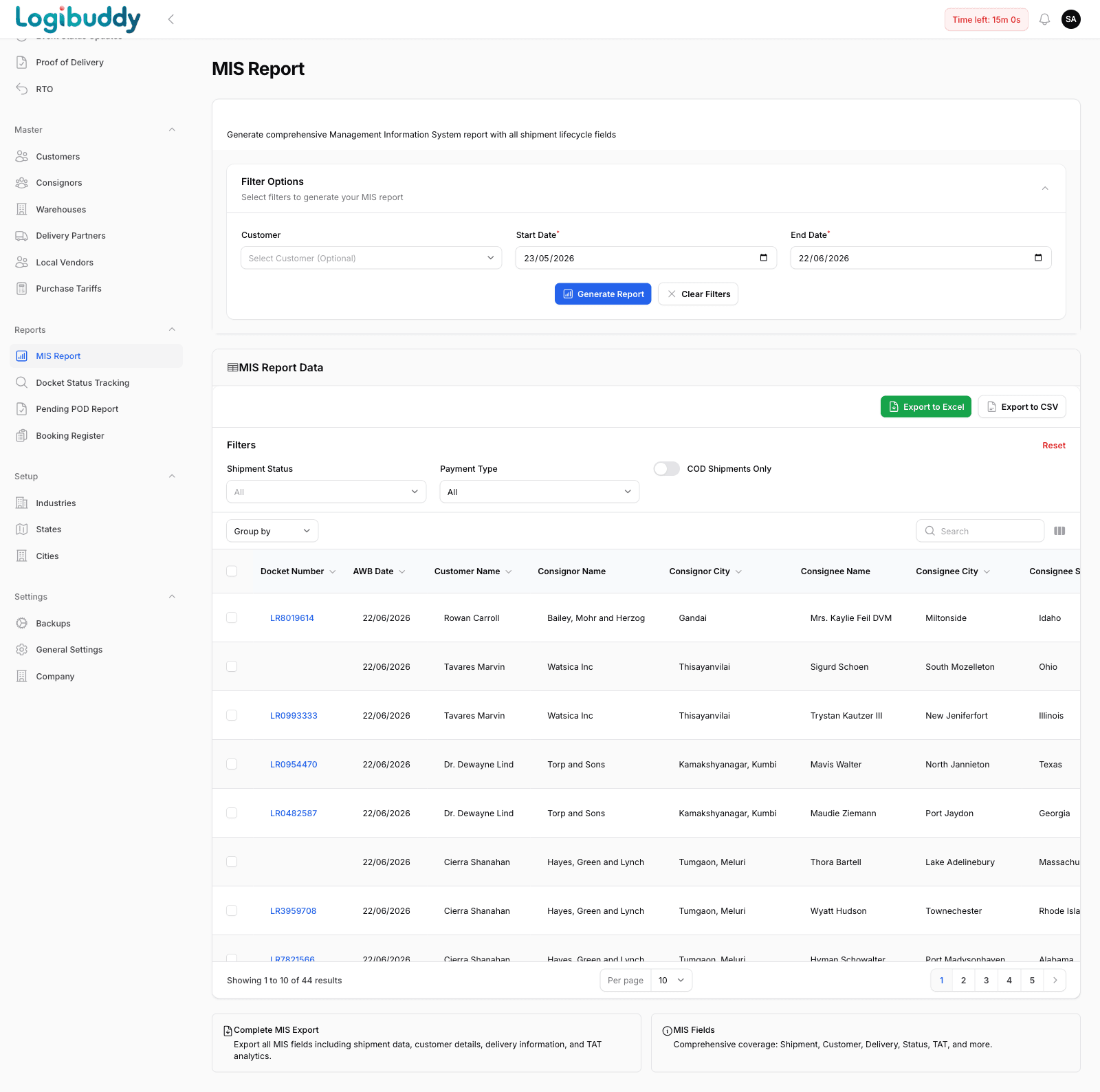 MIS report with docket-wise booking, delivery and billing columns